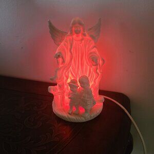 Vintage Bisque Guardian Angel With Child Figurine Night Light Lamp 7” Tall